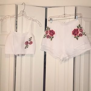 Rose Embroidered Crop Top and Short Set